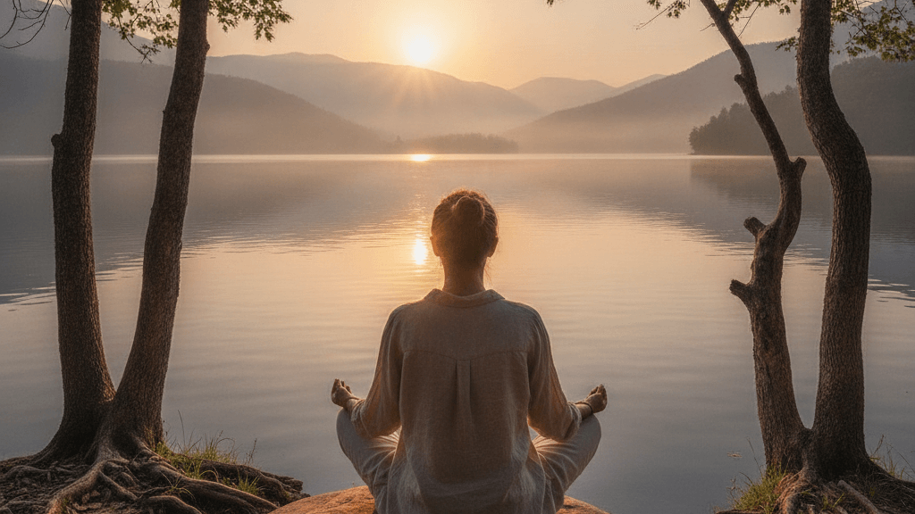 Escena de escritura reflexiva y meditación breve para calmar la mente y evitar la rumiación después de una discusión